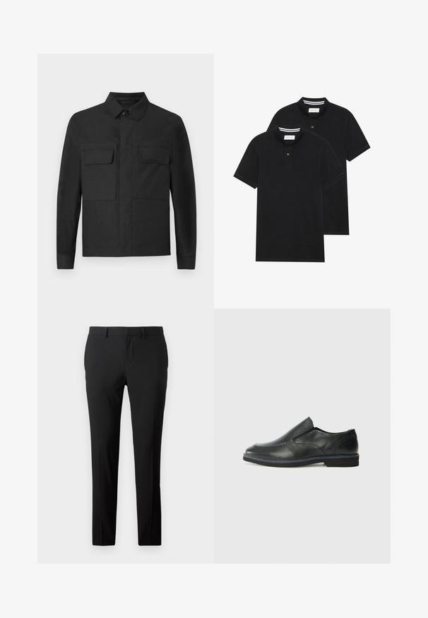 Melnā jaka ar apkakles dizainu, garām piedurknēm un divām krūšu kabatām. Izgatavota no gludas auduma ar vienkrāsainu toni un līniju šuvēm.; Divas melnas polo krekli, īsām piedurknēm, no kokvilnas materiāla, ar klasisku apkakli, divu pogu aizdari un balti svītroti akcenti apkakles iekšpusē.; Pielāgotas melnas bikses gludā audumā. Ievērojama taisnu kāju dizains, priekšējās krokas un josta cilpas, lai varētu pielāgot izmēru.; Melnas ādas slip-on kurpes ar gludu augšdaļu, izšūtām akcentiem, noapaļotu purngala daļu un zemu gumijas papēdi. Zole ar minimālu rakstu.
