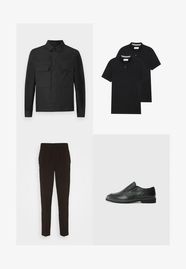 Black jacket with a collared design, long sleeves, and two chest pockets. Made from a smooth fabric with a solid color and neat stitching.; Two black polo shirts, short-sleeved, cotton material, featuring a classic collar, two-button placket, and white striped accents inside the collar.; Black, long, tapered pants made from a soft, smooth material. Features an elastic waistband with a drawstring for adjustable fit.; Black leather slip-on shoe with a smooth upper, stitched accents, rounded toe, and a low rubber heel. Sole features minimal tread.