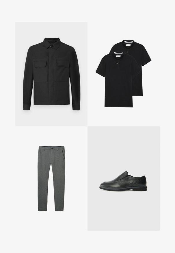 Mustaline jack, mis on varustatud kraega, pikkade varrukatega ja kahe rinna-taskuga. Valmistatud siledast kangast, ühtlasest värvist ja korralikest õmblustest.; Kaks musta polo särki, lühikeste varrukatega, puuvillane materjal, klassikalise kraega, kahe nupuga kinnitusega, valgete triipudega krae sisepinnal.; Hallid hallid püksid, mis on valmistatud tekstuurist kangast, kitsas lõige, küljetaskud, vööloopid ja ühe nupuga kinnitamine vöökohal.; Must musta laia suuga king, millel on sile ülemine osa, õmmeldud detailid, ümmargune nina ja madal kummist konts. Tallal on minimaalne mustr.