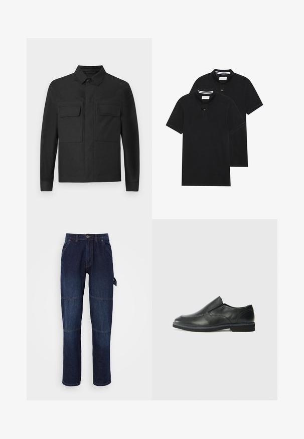 Melnā jaka ar apkakles dizainu, garām piedurknēm un divām krūšu kabatām. Izgatavota no gludas auduma ar vienkrāsainu toni un līniju šuvēm.; Divas melnas polo krekli, īsām piedurknēm, no kokvilnas materiāla, ar klasisku apkakli, divu pogu aizdari un balti svītroti akcenti apkakles iekšpusē.; Tumši zila džinsu bikses ar taisnu kāju griezumu, kas aprīkotas ar divām priekšējām kabatām, redzamu šuvēm un sānu birku funkcionālu detaļu dēļ.; Melnas ādas slip-on kurpes ar gludu augšdaļu, izšūtām akcentiem, noapaļotu purngala daļu un zemu gumijas papēdi. Zole ar minimālu rakstu.