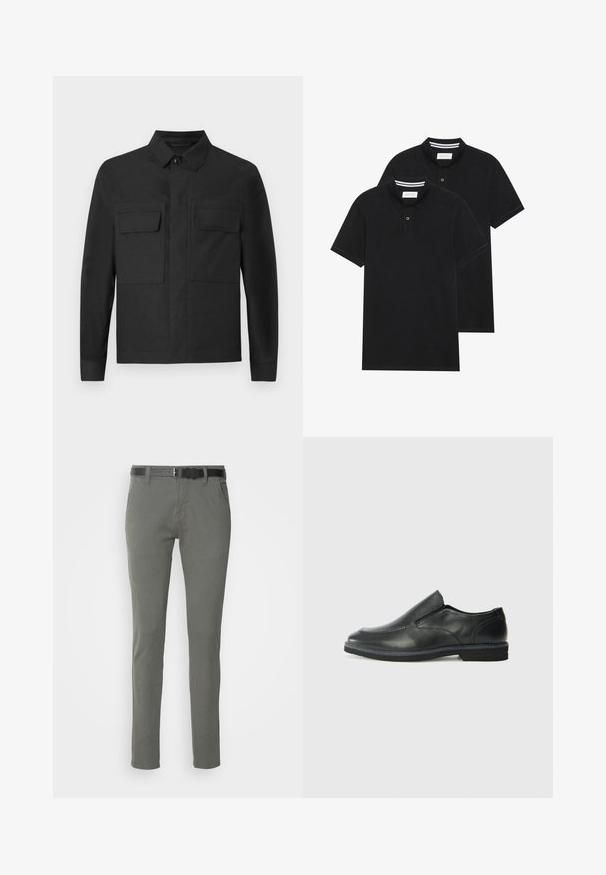 Black jacket with a collared design, long sleeves, and two chest pockets. Made from a smooth fabric with a solid color and neat stitching.; Two black polo shirts, short-sleeved, cotton material, featuring a classic collar, two-button placket, and white striped accents inside the collar.; Gray cotton chinos with a slim fit, featuring a black belt, two side pockets, and a simple design. Soft texture with no visible patterns.; Black leather slip-on shoe with a smooth upper, stitched accents, rounded toe, and a low rubber heel. Sole features minimal tread.