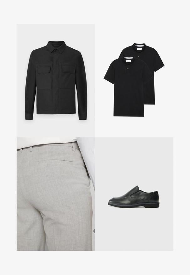 Melnā jaka ar apkakles dizainu, garām piedurknēm un divām krūšu kabatām. Izgatavota no gludas auduma ar vienkrāsainu toni un līniju šuvēm.; Divas melnas polo krekli, īsām piedurknēm, no kokvilnas materiāla, ar klasisku apkakli, divu pogu aizdari un balti svītroti akcenti apkakles iekšpusē.; Gaiši pelēkas pielāgotas bikses no teksturēta auduma, ar vienu aizmugurējo kabatu un tīru šuvju apdari.; Melnas ādas slip-on kurpes ar gludu augšdaļu, izšūtām akcentiem, noapaļotu purngala daļu un zemu gumijas papēdi. Zole ar minimālu rakstu.