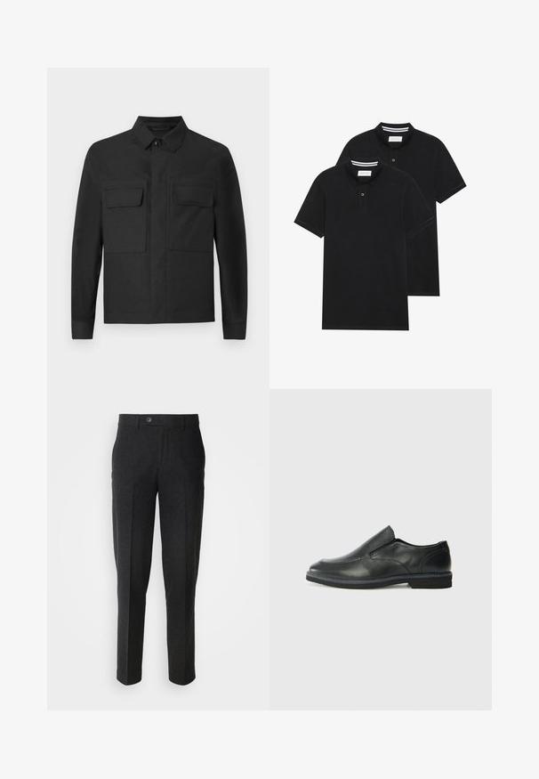 Melnā jaka ar apkakles dizainu, garām piedurknēm un divām krūšu kabatām. Izgatavota no gludas auduma ar vienkrāsainu toni un līniju šuvēm.; Divas melnas polo krekli, īsām piedurknēm, no kokvilnas materiāla, ar klasisku apkakli, divu pogu aizdari un balti svītroti akcenti apkakles iekšpusē.; Lindbergh FORMAL PANT - Auduma bikses - black melange; Melnas ādas slip-on kurpes ar gludu augšdaļu, izšūtām akcentiem, noapaļotu purngala daļu un zemu gumijas papēdi. Zole ar minimālu rakstu.