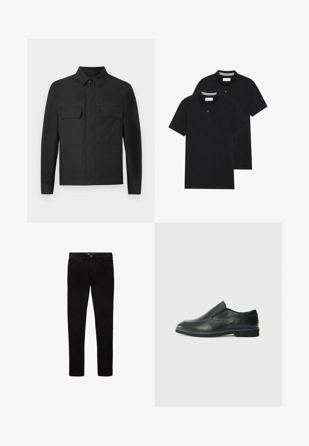 Čierna bunda s golierovým dizajnom, dlhými rukávmi a dvoma náprsnými vreckami. Vyrobená z hladkej látky v jednofarbovom prevedení s precíznym šitím.; Dvé čierne polo tričká, krátke rukávy, vyrobené z bavlny, s klasickým golierom, dvojitým gombíkom a bielymi pruhmi vo vnútri goliera.; Čierne džínsy vyrobené z denimu, s úzkym strihom, piatimi vreckami a gombíkovým zapínaním. Hladká textura a minimálne švy.; Čierny kožený nazúvací topánka s hladkým zvrškom, prešitými akcentmi, zaoblenou špičkou a nízkym gumovým podpätkom. Podošva má minimálny dezén.