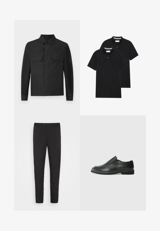 Jachetă neagră cu un design la guler, mâneci lungi și două buzunare la piept. Fabricată dintr-un material neted, cu o culoare solidă și cusături îngrijite.; Două tricouri polo negre, cu mânecă scurtă, din material de bumbac, având un guler clasic, deschidere cu două butoane și accente albe cu dungi în interiorul gulerului.; Pantaloni negri, croiți pe măsură, cu un design drept, buzunare frontale și închidere cu buton. Realizați dintr-un material neted cu o ușoară strălucire.; Pantof de piele neagră, tip slip-on, cu un superior neted, accente cusute, vârf rotunjit și un toc jos din cauciuc. Talpa are un profil minim de aderență.