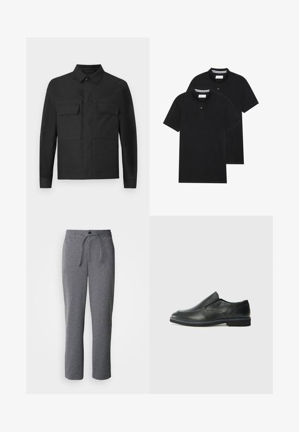 Black jacket with a collared design, long sleeves, and two chest pockets. Made from a smooth fabric with a solid color and neat stitching.; Two black polo shirts, short-sleeved, cotton material, featuring a classic collar, two-button placket, and white striped accents inside the collar.; Gray sweatpants made of soft fabric, featuring a drawstring waistband, straight legs, and a simple, unembellished design.; Black leather slip-on shoe with a smooth upper, stitched accents, rounded toe, and a low rubber heel. Sole features minimal tread.