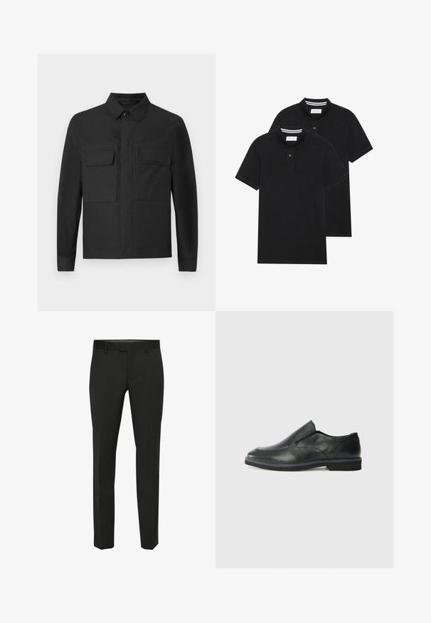 Black jacket with a collared design, long sleeves, and two chest pockets. Made from a smooth fabric with a solid color and neat stitching.; Two black polo shirts, short-sleeved, cotton material, featuring a classic collar, two-button placket, and white striped accents inside the collar.; Black trousers with a straight-leg cut, smooth texture, and a flat front. Features a belt loop waistband and subtle seam detailing.; Black leather slip-on shoe with a smooth upper, stitched accents, rounded toe, and a low rubber heel. Sole features minimal tread.