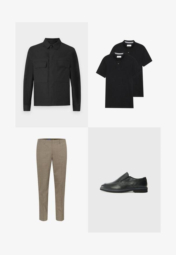 Crna jakna s ovratničkim dizajnom, dugim rukavima i dva džepa na prsima. Napravljena od glatkog materijala u jednobojnoj boji s urednim šavovima.; Dva crna polo majice, kratki rukavi, pamučni materijal, sa klasičnom ovratnikom, čepom sa dva gumba i bijelim prugastim detaljima unutar ovratnika.; Bež hlače s krojem po mjeri, s diskretnim kariranim uzorkom, ravnim nogavicama, prednjim džepovima i glatkom teksturom tkanine.; Crne kožne cipele na sklapanje s glatkom gornjom površinom, prošivenim detaljima, zaobljenim vrhom i niskim gumene potplate. Potplat ima minimalne uzorke.