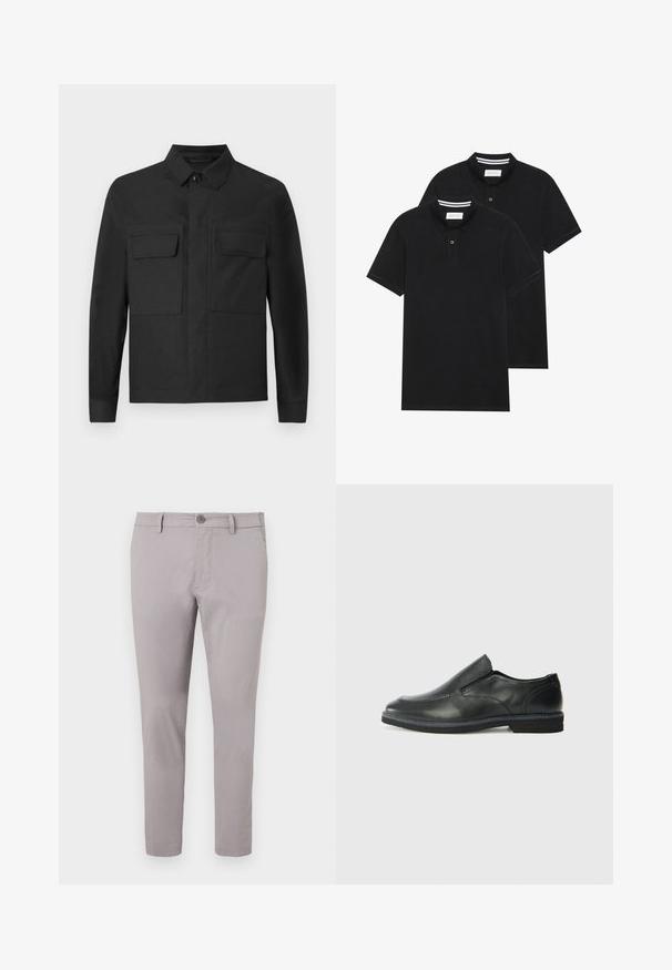 Svart jakke med krage-design, lange ermer og to brystlommer. Laget av et glatt stoff med ensfarget design og pent søm.; To svarte polo skjorter, kortermet, i bomullsmateriale, med krage i klassisk stil, to-knapps knappestolpe, og hvite striper inni kragen.; Grå bomullschinos med en jevn tekstur, slim fit, frontknapplukking og sidelommer. Ankel-lengde design med minimal detaljer.; Sorte skinn slip-on sko med en jevn overflate, stikking detaljer, rund tå og en lav gummihæl. Sålen har minimal mønstring.