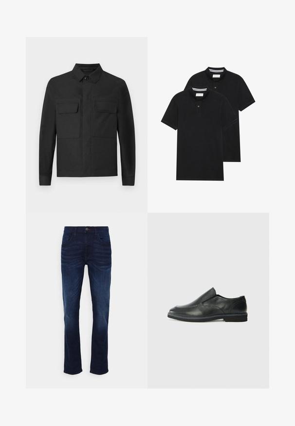 Casaco preto com um design de colarinho, mangas longas e dois bolsos no peito. Feito de um tecido suave com uma cor sólida e costuras bem feitas.; Duas camisetas polo pretas, de manga curta, em material de algodão, com colarinho clássico, abertura com dois botões e detalhes em riscas brancas no interior do colarinho.; Blend JET - Calças de ganga justas - denim dark blue; Sapato slip-on preto em pele com um upper liso, acabamentos cosidos, bico arredondado e um salto de borracha baixo. A sola apresenta um padrão de aderência mínimo.