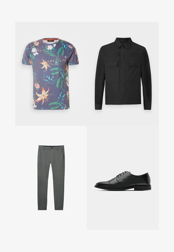 Schwarze Jacke mit kragenförmigem Design, langen Ärmeln und zwei Brusttaschen. Hergestellt aus einem glatten Stoff in einfarbiger Ausführung und sauberer Nahtverarbeitung.; Kurzarm-T-Shirt aus Baumwolle, mit einem navyblauen Grundton und einem bunten Blumenmuster sowie einer Brusttasche.; Graue Hose aus strukturiertem Material, mit schlankem Schnitt, Seitentaschen, Gürtelschlaufen und einer einzelnen Knopfverschluss an der Taille.; Schwarzer Leder-Dieerschuh mit runder Zehenform, Schnürdesign, dezenten Nähdetails und niedrigem Absatz. Glatte Textur mit polierter Oberfläche.