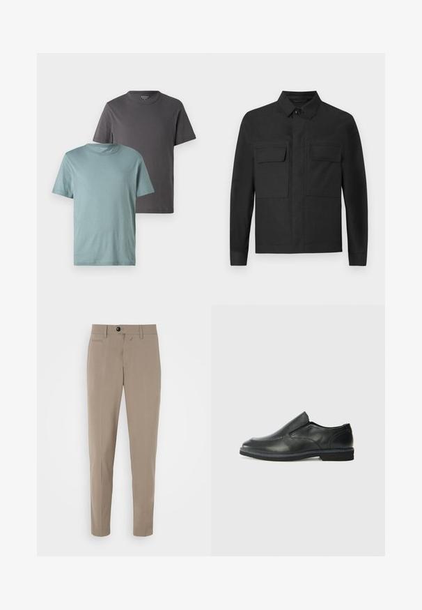 Černá bunda s límečkovým designem, dlouhými rukávy a dvěma náprsními kapsami. Vyrobeno z hladkého materiálu s jednobarevným vzorem a pečlivým šitím.; Dvě trička s kulatým výstřihem v různých barvách: jedno světle tyrkysové a jedno tmavě šedé. Obě mají krátké rukávy a hladkou bavlněnou texturu.; Beige vysoce přizpůsobené kalhoty s úzkým střihem, na zip a s přední kapsou. Vyrobeny z hladké látky s jasným vzhledem.; Černá kožená nazouvací bota s hladkým svrškem, prošívanými detaily, zaoblenou špičkou a nízkým gumovým podpatkem. Podešev má minimální vzorek.