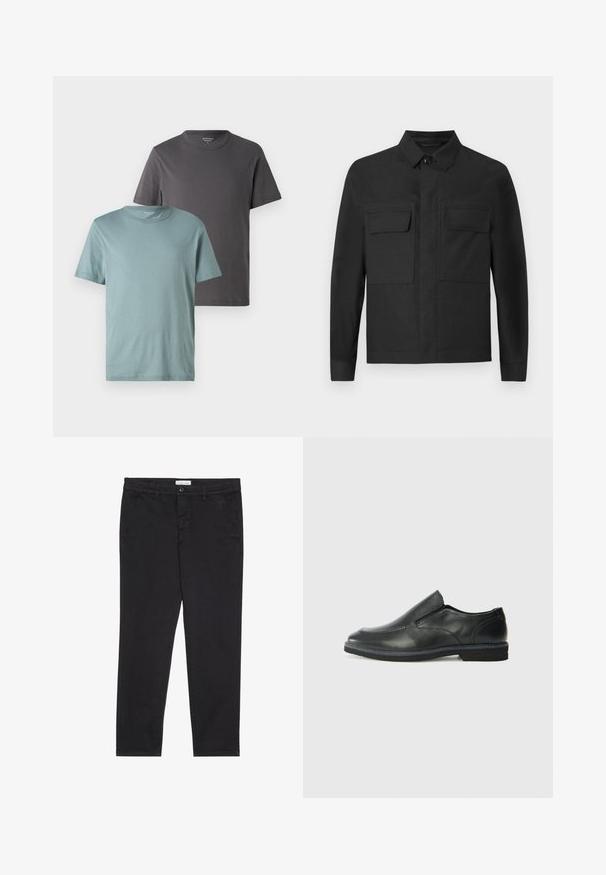 Mustaline jack, mis on varustatud kraega, pikkade varrukatega ja kahe rinna-taskuga. Valmistatud siledast kangast, ühtlasest värvist ja korralikest õmblustest.; Kaks lühikeste varrukatega ümmarguse kaelusega T-särki erinevates värvides: üks hele teaal ja teine tume hall. Mõlemad on valmistatud siledast puuvillast.; Mustad puuvillased püksid kitsas lõikes, millel on kaks külgtaskut ja ees klõpsuga kinnitamine. Tekstuuriga kangas, millel on peened detailid.; Must musta laia suuga king, millel on sile ülemine osa, õmmeldud detailid, ümmargune nina ja madal kummist konts. Tallal on minimaalne mustr.