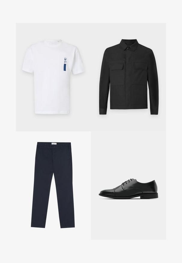 Čierna bunda s golierovým dizajnom, dlhými rukávmi a dvoma náprsnými vreckami. Vyrobená z hladkej látky v jednofarbovom prevedení s precíznym šitím.; Biele bavlnené tričko s krátkymi rukávmi, na ľavej hrudi má námornícky modrú grafiku, ktorá obsahuje text "EST 2007." Jednoduchý dizajn.; Námornícke modré nohavice z bavlny s hladkou textúrou, s predným zipsom, pútkami na opasok a bočnými vreckami pre funkčnosť.; Čierne kožené spoločenské topánky s okrúhlou špičkou, šnurovací dizajn, jemné prešívanie a nízky podpätok. Hladká štruktúra s lesklým povrchom.