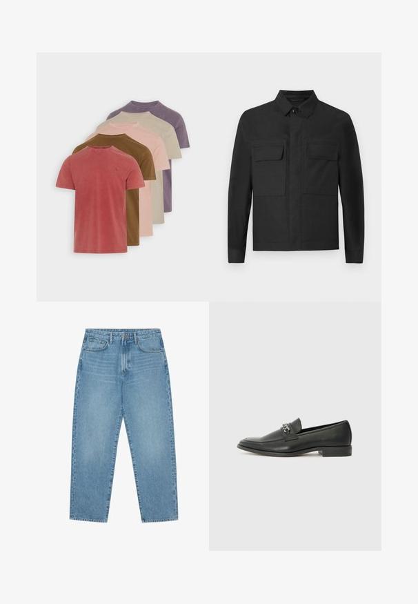 Chaqueta negra con un diseño de cuello, mangas largas y dos bolsillos en el pecho. Está hecha de una tela suave de color sólido y con costuras cuidadas.; Conjunto de cinco camisetas de algodón de manga corta en diversos colores apagados: rojo, marrón, rosa, beige y púrpura. Cada una presenta un cuello redondo.; Jeans de denim azul claro de pierna ancha con cintura alta, que cuentan con cinco bolsillos, trabillas para cinturón y una textura suave y ligeramente deslavada.; Mocasín de cuero negro con un acabado suave, que cuenta con un diseño de costura y un acento decorativo de cadena de metal en el empeine. Tacón plano.