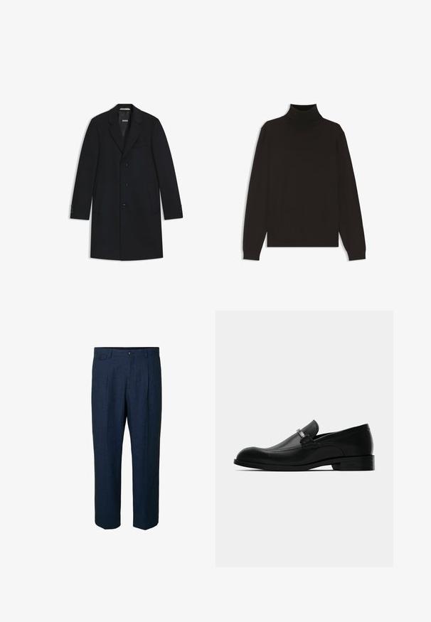 Schwarzer Wollmantel mit Reverskragen, drei Vorderknöpfen, seitlichen Taschen und geknöpften Manschetten. Glatte Textur, klassisches Design.; Schwarzer Rollkragenpullover aus glattem Strickstoff. Mit langen Ärmeln und engem Kragen. Einfaches, klassisches Design ohne Muster.; Marineblaue Leinenhose mit geradem Schnitt, ausgestattet mit zwei vorderen Taschen, zwei hinteren Taschen und einem einzelnen Knopfverschluss an der Taille.; Schwarze lederne Herrenmokassin mit einer Metallschnalle, flachem Absatz und markiertem Sohlen, seitlich auf einem weißen Hintergrund gezeigt.