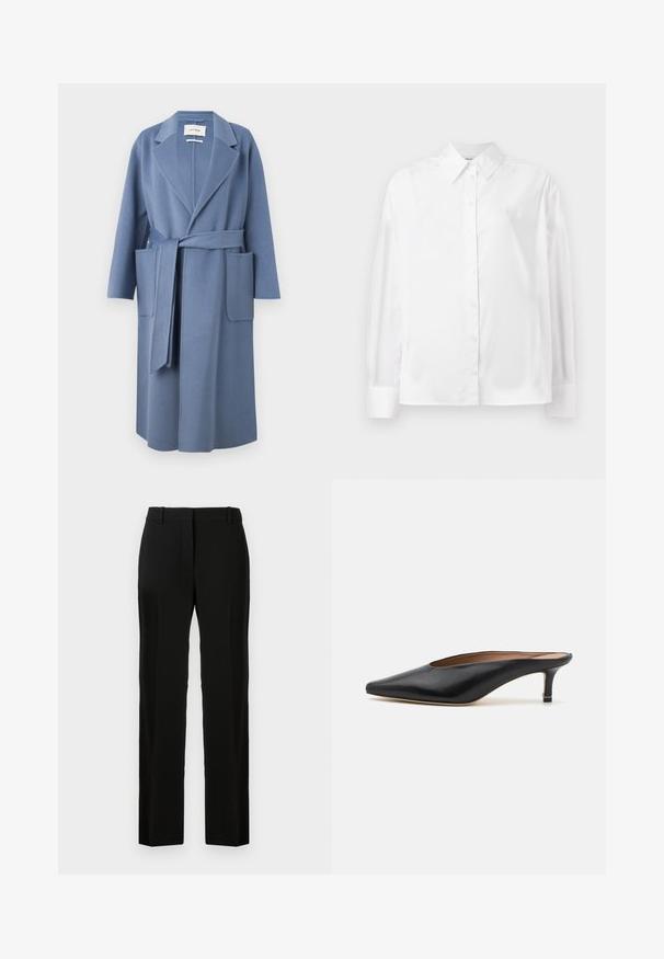 Manteau en mélange de laine bleu clair avec un col revers, des manches longues, une ceinture à la taille et deux poches avant ; texture lisse et design mi-long.; Chemise blanche à manches longues, en mélange de coton lisse. Présente un col classique, une fermeture à boutons sur le devant et des poignets arrondis.; Pantalon noir au design droit, fabriqué en tissu lisse, avec une taille plate, des passants de ceinture, et sans motifs ni accents visibles.; Mules en cuir noir avec un bout pointu et un petit talon carré. Texture lisse avec un design épuré. Dos ouvert avec un minimum de détails.
