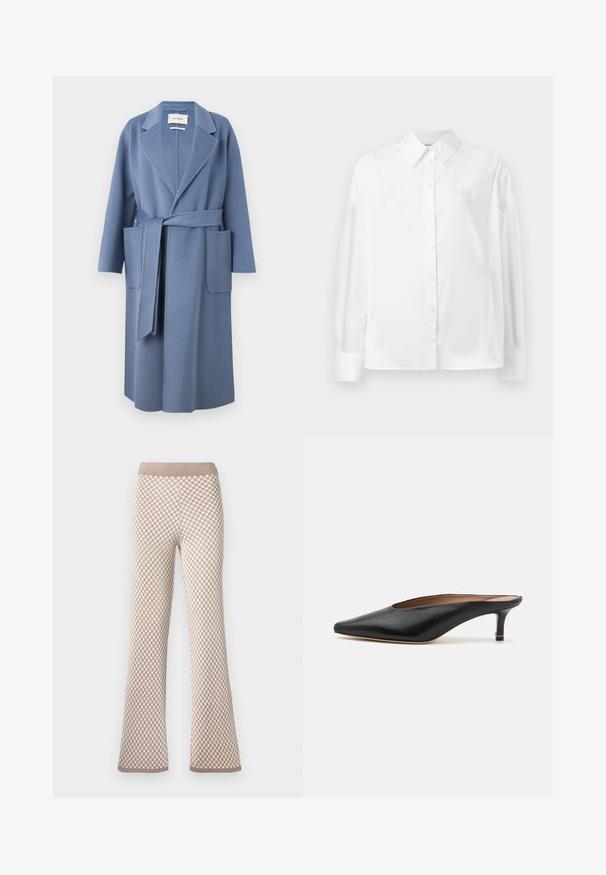 Manteau en mélange de laine bleu clair avec un col revers, des manches longues, une ceinture à la taille et deux poches avant ; texture lisse et design mi-long.; Chemise blanche à manches longues, en mélange de coton lisse. Présente un col classique, une fermeture à boutons sur le devant et des poignets arrondis.; Pantalons tricotés à carreaux beiges et blancs avec une taille élastique et une légère évasement aux chevilles sur fond blanc.; Mules en cuir noir avec un bout pointu et un petit talon carré. Texture lisse avec un design épuré. Dos ouvert avec un minimum de détails.