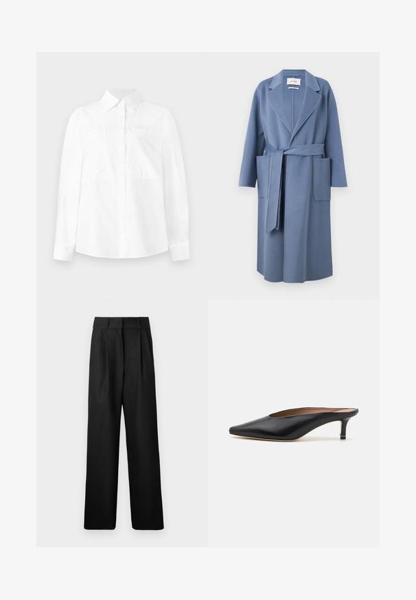 Helles blaues Wollmischmantel mit Reverskragen, langen Ärmeln, Taillengürtel und zwei Fronttaschen; glatte Textur und knielanges Design.; Weißes Langarmhemd mit Button-Down-Kragen, zwei Brusttaschen und geradem Schnitt. Hergestellt aus leichtem Stoff mit einer glatten Textur.; Schwarze weit geschnittene Hose mit glatter Textur, ausgestattet mit Vorderfalten und einem hochgeschnittenen Design. Hergestellt aus einem leichten Stoff.; Schwarze Leder-Mules mit spitzem Zehenbereich und niedrigem Blockabsatz. Glatte Textur mit elegantem Design. Offene Rückseite mit minimaler Gestaltung.