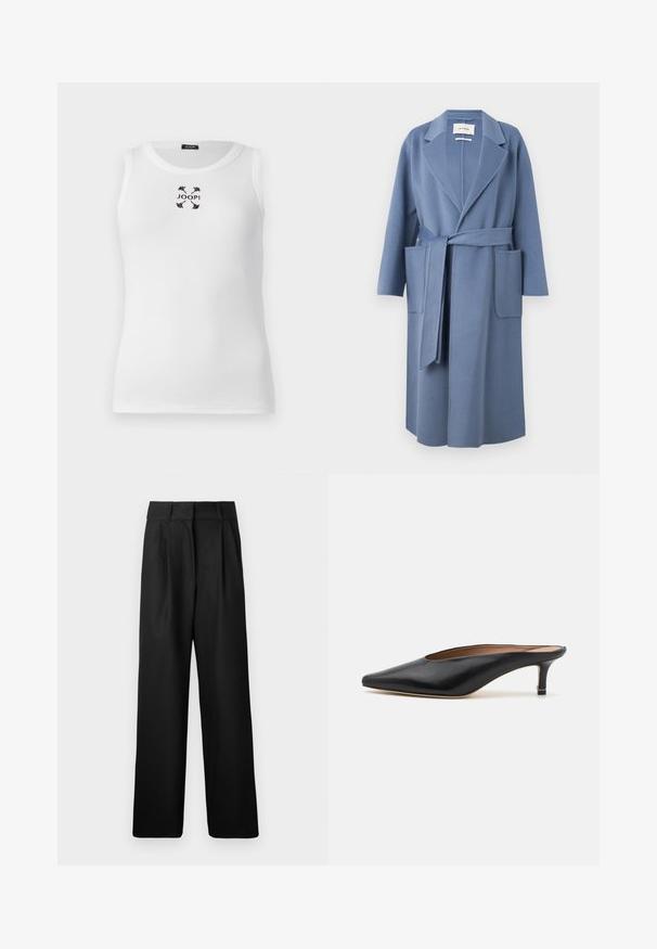 Lichtblauwe wollen blend jas met een reverskraag, lange mouwen, tailleband en twee voorzakken; gladde textuur en knielange ontwerp.; Witte tanktop met een geribbelde textuur, ronde halslijn en zwart geborduurd logo in het midden, met vlinderaccenten.; Zwarte wijde broek met een gladde textuur, voorzien van geplooide voorkant en een hoge taille. Gemaakt van een lichtgewicht stof.; Zwarte leren muiltjes met een puntige neus en een lage, blokhak. Glad oppervlak met een gestroomlijnd ontwerp. Open achterkant met minimale details.
