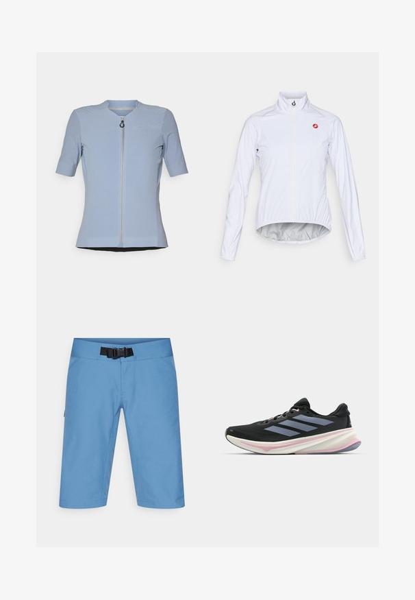 Witte fiet jacket gemaakt van lichtgewicht materiaal, met een ritssluiting aan de voorkant, opstaande kraag en een klein rood logo op de linkerborst.; Lichtblauwe korte mouwen met rits top met een gestructureerd patroon, ronde halslijn en een klein borstzakje. Gladde stof met een getailleerd ontwerp.; Lichtblauwe wandelshorts met een platte tailleband, verstelbare riem en zijzakken. Gemaakt van een soepele, ademende stof, met een knielengte ontwerp.; Zwarte hardloopschoen met een bovenwerk van mesh, lichtpaarse accenten en drie horizontale grijze strepen. Beschikt over een gevoerde zool voor comfort.