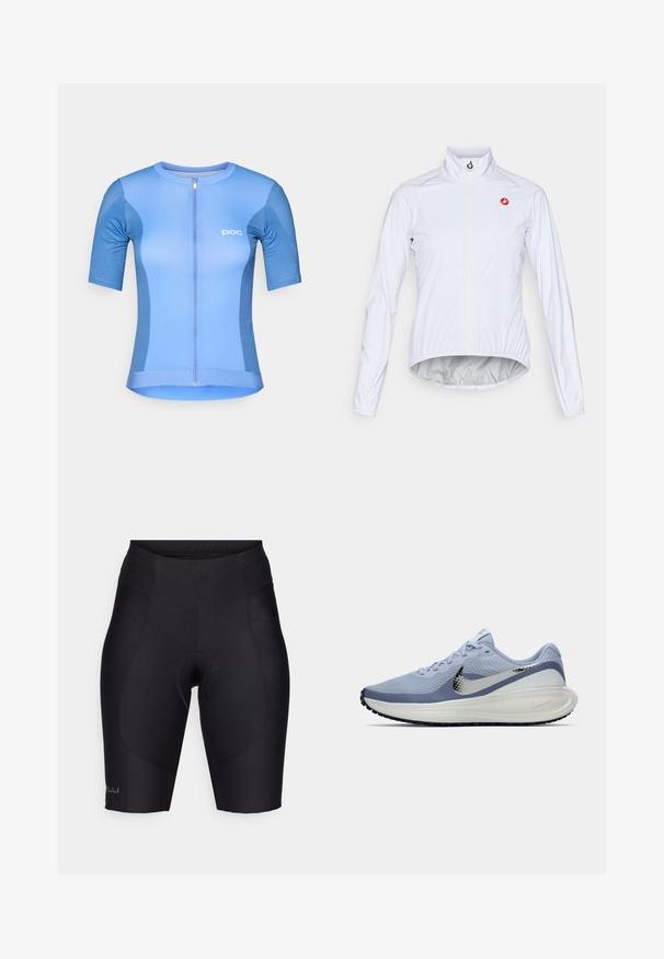 Veste de cyclisme blanche en matériau léger, dotée d'une fermeture éclair à l'avant, d'un col montant et d'un petit logo rouge sur la poitrine gauche.; Maillot de cyclisme à manches courtes en bleu clair, avec une fermeture éclair à l'avant, un marquage POC et un tissu lisse et extensible pour le confort et la flexibilité.; Shorts de cyclisme noirs en matériau extensible, dotés d'un rembourrage, d'une taille élastique et de coutures lisses pour un ajustement aérodynamique.; Chaussure de course Nike bleu clair et blanche avec un swoosh argenté, tige en mesh respirant, semelle rembourrée et semelle extérieure noire.