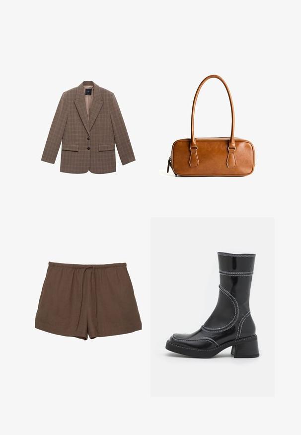 Blazer à carreaux marron en tissu texturé, avec un col cranté, deux poches avant et deux boutons noirs comme fermeture.; Cardigan gris en maille avec un col rond, des épaules tombantes, une fermeture à boutons et des poignets côtelés aux manches et à l'ourlet.; PULL&BEAR Débardeur - white; Shorts en lin marron avec une taille élastique et un cordon de serrage, présentant un design simple et une texture lisse. Pas de poches visibles.; Bottine en cuir verni noir avec des coutures blanches, bout arrondi et talon carré. Présente des lignes de design courbées et une texture lisse.; Sac à main en cuir marron avec deux longues poignées, de forme rectangulaire, texture lisse, fermeture éclair et accessoires en métal argenté.