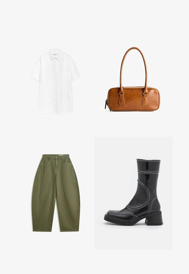 Brauner karierter Blazer aus strukturiertem Stoff, mit einem Reverskragen, zwei frontalen Taschen und zwei schwarzen Knöpfen als Verschluss.; Graue gestrickte Strickjacke mit rundem Ausschnitt, überschnittenen Schultern, Knopfverschluss und gerippten Bündchen an Ärmeln und Saum.; ADOLFO DOMINGUEZ Hemdbluse - white; Olivgrüne weite Hose aus Baumwolle mit hoher Taille, Fronttaschen und glatter Textur. Keine Verzierungen oder Muster.; Schwarze Lackleder-Ankle Boots mit weißen Nähten, abgerundeter Zehe und Blockabsatz. Besitzt geschwungene Designlinien und eine glatte Textur.; Braune Lieblingstasche aus Leder mit zwei langen Tragegriffen, rechteckiger Form, glatter Oberfläche, Reißverschluss und Hardware-Akzenten in Silber.
