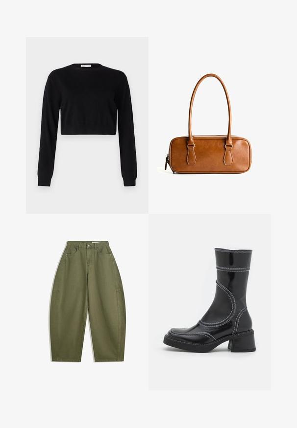 Bordeaux kvadratni blejzer, izdelan iz teksturirane tkanine, z izrezanim ovratnikom, dvema sprednjima žepoma in dvema črnima gumboma za zapiranje.; Črn skrajšan pulover iz pletene tkanine. Ima dolge rokave, okroglo ovratnico in prilegajoč rob. Preprost in enobarven dizajn.; Oliveno zeleni široki hlače iz bombaža, z visokim pasom, sprednjimi žepi in gladko teksturo. Brez okrasnih elementov ali vzorcev.; Črne lakirane gležnjarje z belim šivom, okroglo konico in blok peto. Imajo ukrivljene oblikovne črte in gladko teksturo.; Brahno usnjeni ročni torbica z dvema dolgima ročkama, pravokotne oblike, gladke teksture, z zadrgo in srebrnimi kovinskimi dodatki.