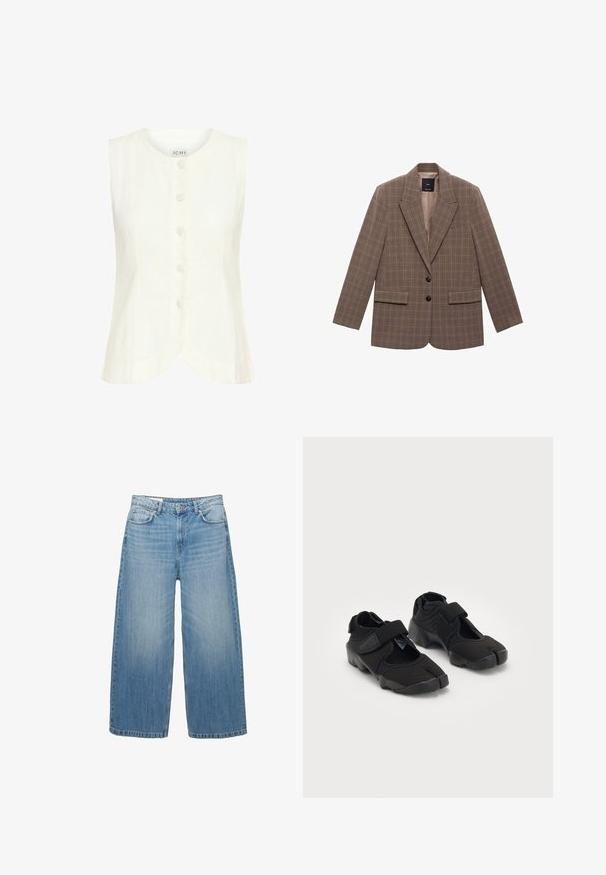 Bruine geruite blazer van gestructureerde stof, met een notch-lapel, twee voorzakken en twee zwarte knopen als sluiting.; Witte mouwloze top met ronde hals, vijf knopen aan de voorkant, afgeronde zoom en een zachte textuur. Gemaakt van lichtgewicht stof.; Lichtblauwe wijde jeans van denim, met een klassieke vijf-pocketontwerp en een knoopsluiting. Verbleekte textuur overal.; Zwarte waterschoenen gemaakt van flexibel materiaal met een klittenbandsluiting, met een unieke gesplitste te ontwerpen en een rubberen zool met textuur voor grip.