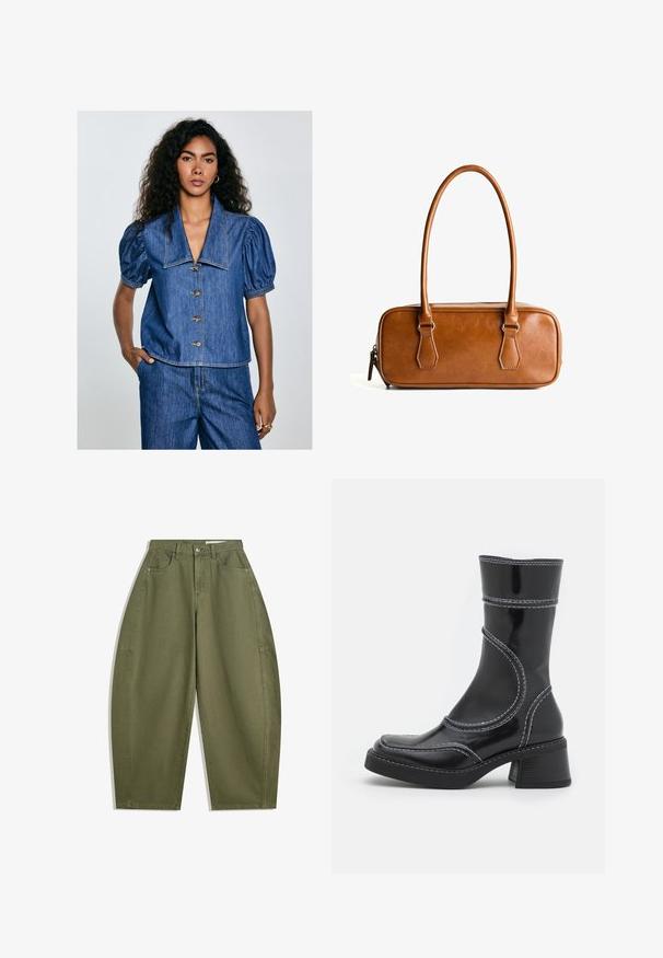 Blazer cu carouri maro, realizat dintr-un material texturat, având rever înclinat, două buzunare frontale și două nasturi negri la închidere.; Bluză din denim cu mâneci bufante, guler mare și șapte butoane. Culoare albastră cu detalii de cusătură vizibile și un croi lejer.; Pantaloni largi de culoare verde măsliniu, confecționați din bumbac, cu talie înaltă, buzunare frontale și o textură fină. Fără aplicații sau modele.; Cizmă ankle din piele patent neagră cu cusături albe, vârf rotund și toc pătrat. Prezintă linii de design curbe și o textură netedă.; Geantă de umăr din piele maro, cu două mânere lungi, formă rectangulară, textură netedă, închidere cu fermoar și accente din metal de culoare argintie.
