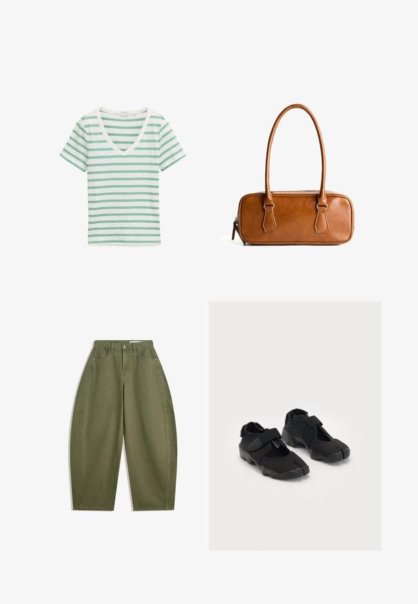 Smeđi karirani blejzer napravljen od teksturirane tkanine, sa reverima, dva prednja džepa i dva crna dugmeta za zatvaranje.; Zelena i bijela prugasta kratkotrajna majica s kratkim rukavima, V-izrez dizajn, izrađena od organskog pamuka, s mekim teksturom i opuštenim krojem.; Maslinasto zelene hlače širokih nogavica od pamuka, s visokim strukom, prednjim džepovima i glatkom teksturom. Bez ukrasa ili uzoraka.; Crne vodene cipele od fleksibilnog materijala s čičak trakama, s jedinstvenim dizajnom razdvojenog prsta i teksturiranom gumenom potplatom za bolje prianjanje.; Smeđa kožna torba s dva dugačka ručka, pravokutnog oblika, glatke teksture, zatvaranje na patentni zatvarač i akcenti od srebrnog tona.