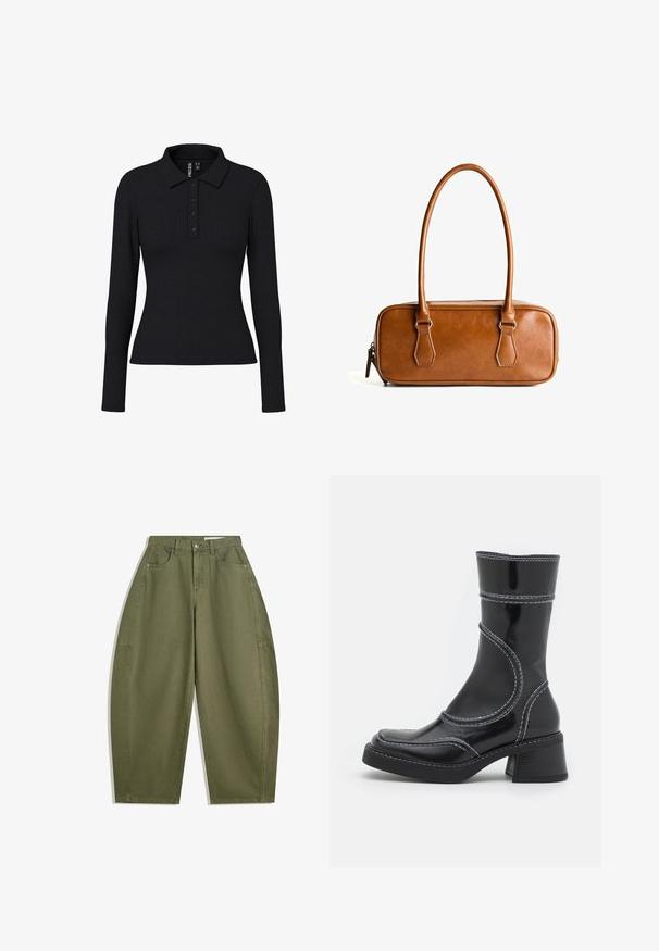 Brauner karierter Blazer aus strukturiertem Stoff, mit einem Reverskragen, zwei frontalen Taschen und zwei schwarzen Knöpfen als Verschluss.; Schwarzes, geripptes Langarm-Polohemd mit Kragen, Drei-Knopf-Leiste und einer taillierten Passform. Dehnbarem Stoff mit feiner Textur.; Olivgrüne weite Hose aus Baumwolle mit hoher Taille, Fronttaschen und glatter Textur. Keine Verzierungen oder Muster.; Schwarze Lackleder-Ankle Boots mit weißen Nähten, abgerundeter Zehe und Blockabsatz. Besitzt geschwungene Designlinien und eine glatte Textur.; Braune Lieblingstasche aus Leder mit zwei langen Tragegriffen, rechteckiger Form, glatter Oberfläche, Reißverschluss und Hardware-Akzenten in Silber.