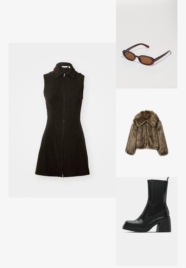 Tekoturkistakki ruskeissa sävyissä, jossa on leveä kaulus, pitkät hihat ja vetoketjusuljenta. Tekstuuriltaan se on pörröinen ja sillä on pehmeä, ylellinen ilme.; Musta hihaton mekko, jossa on kauluspääntie ja etuvetoketju, valmistettu sileästä kankaasta, jossa on tiukka siluetti ja levenevä helma.; Mustat nilkkurit, joissa on kiiltävä nahkapinta, joustavat sivupaneelit, pyöreä kärki ja tukevat paksut korot. Puhtaan ja modernin muotoilun.; Pyöreät, ruskehtavat aurinkolasit, joissa on kiiltävä burgundinpunainen runko. Kapeat sivut, joissa on hienovarainen brändäys. Litteät linssit.