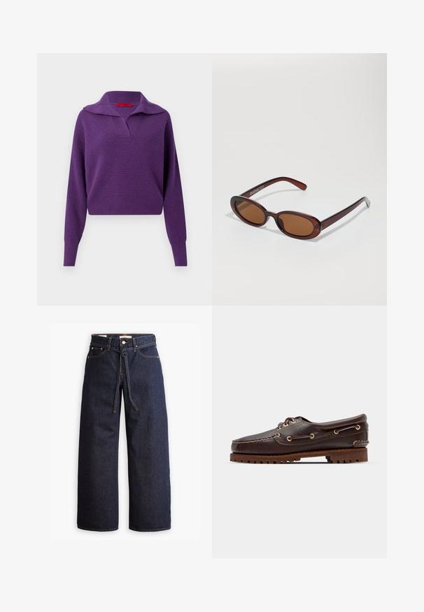Kurtka z sztucznego futra w odcieniach brązu, z szerokim kołnierzem, długimi rękawami i zapięciem na zamek. Tekstura jest puszysta, o miękkim, luksusowym wyglądzie.; Fioletowy sweter z dzianiny z szerokim kołnierzem, dekoltem w kształcie litery V i długimi rękawami. Teksturowany materiał, krótka długość, z metką wewnętrzną w kolorze czerwonym.; Spodnie dżinsowe w kolorze ciemnoniebieskim o szerokich nogawkach i wysokim stanie, z wiązaniem na sznurki, pięcioma kieszeniami oraz kontrastowymi detalami w staszcu.; Brązowe skórzane buty w stylu boat shoe z złotymi oczkami, okrągłymi sznurowadłami oraz teksturowaną brązową gumową podeszwą. Zawierają przeszycia i wypukłe logo.; Okrągłe, brązowe okulary przeciwsłoneczne z błyszczącą bordową oprawą. Cienkie ramiona z subtelnym detalem marki. Płaski kształt soczewek.