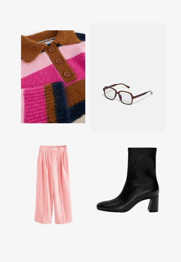 Giacca in pelliccia sintetica nelle tonalità del marrone, con un ampio colletto, maniche lunghe e chiusura con cerniera. La texture è soffice con un aspetto morbido e lussuoso.; Maglione lavorato a maglia con ampie righe orizzontali in rosa, marrone, navy e crema. Include un collo marrone e tre bottoni marroni.; Pantaloni larghi rosa con strisce verticali in giallo e bianco, con pieghe e chiusura a bottone in vita. Tessuto morbido e textured.; Stivaletto nero fino alla caviglia in pelle liscia. Presenta una punta quadrata, un bordo elastico e un tacco robusto per la stabilità. Design minimalista.; Occhiali rettangolari marroni con lenti trasparenti e tonalità viola. Montatura in plastica liscia con stanghette dritte e accenti sottili.