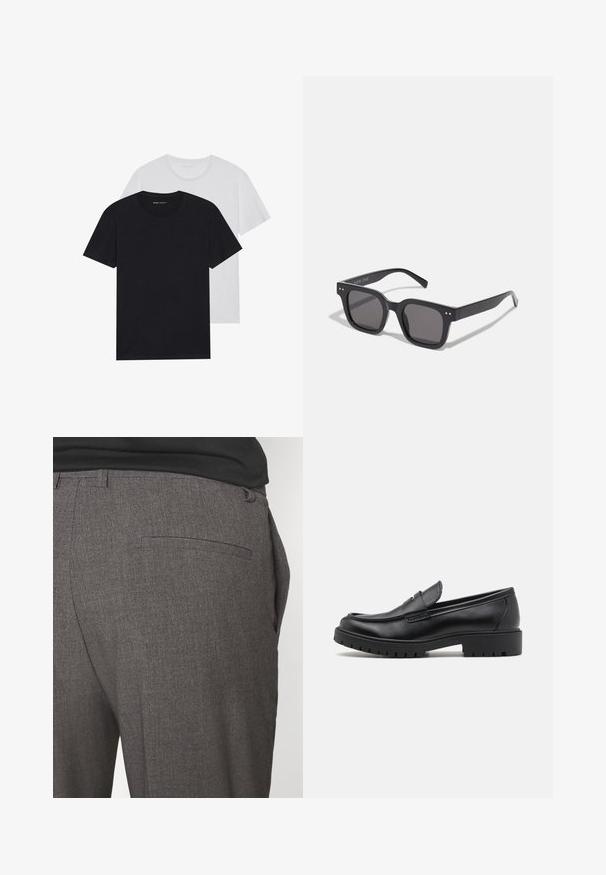 Chaqueta de cuero negra con una textura suave, cuello con solapa, cremallera frontal y dos bolsillos laterales con cremallera. Diseño simple y estructurado.; Suéter de punto rojo con cuello redondo, puños y bajo acanalados, que presenta una tela texturizada. La silueta es relajada y de corte oversize.; Camisetas de cuello redondo en blanco y negro, de manga corta, hechas de tela de algodón, con textura suave, y con una marca en el escote.; Pantalones grises ajustados con una textura suave, que cuentan con un bolsillo trasero y un diseño slim fit. La tela tiene un patrón sutil.; Mocasines de cuero negro con punta redondeada, diseño sin cordones y suela de goma gruesa con agarre texturizado. Tacón elevado y detalles de costura sutiles.; Gafas de sol rectangulares negras con lentes oscuros, que presentan un marco grueso, acentos sutiles en los lados y sin logotipos visibles más allá del nombre de la marca.; Bolsa de lona en un color beige claro con dos asas resistentes, ribete blanco en contraste y el logo "THE NORTH FACE" en negro en la parte frontal.