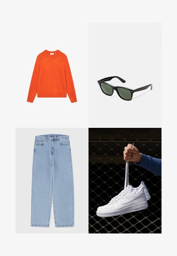 Zwarte leren jack met een gladde textuur, met kraag, een ritssluiting aan de voorkant en twee zijzakken met rits. Eenvoudig, gestructureerd ontwerp.; Oranje trui van zacht materiaal, met een geribbelde halslijn en zoom, lange mouwen en een relaxte pasvorm. Geen patronen of versieringen.; Lichtblauwe denim jeans met een recht model, voorzien van een middelhoge taille, vijf zakken en een knoop- en ritssluiting.; Witte leren sneakers met perforaties, ronde neus, vlakke zool en dikke veters, met een zichtbare swoosh-logo en "AIR" op de hiel.; Zwarte plastic zonnebril met groene lenzen, vierkante montuur, zilveren accent op de wenkbrauw en een gestructureerde tempel. Merken vermeld op de binnenkant van de arm.