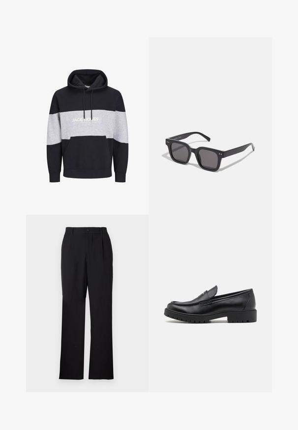 Chaqueta de cuero negra con una textura suave, cuello con solapa, cremallera frontal y dos bolsillos laterales con cremallera. Diseño simple y estructurado.; Sudadera color bloque en azul marino y gris, fabricada en algodón, con un bolsillo tipo canguro y estampado del logo en el pecho. Textura suave y puños acanalados.; Camisetas de cuello redondo en blanco y negro, de manga corta, hechas de tela de algodón, con textura suave, y con una marca en el escote.; Only & Sons ONSJEREMY LOOSE PANT - Pantalones - black; Mocasines de cuero negro con punta redondeada, diseño sin cordones y suela de goma gruesa con agarre texturizado. Tacón elevado y detalles de costura sutiles.; Gafas de sol rectangulares negras con lentes oscuros, que presentan un marco grueso, acentos sutiles en los lados y sin logotipos visibles más allá del nombre de la marca.; Bolsa de lona en un color beige claro con dos asas resistentes, ribete blanco en contraste y el logo "THE NORTH FACE" en negro en la parte frontal.