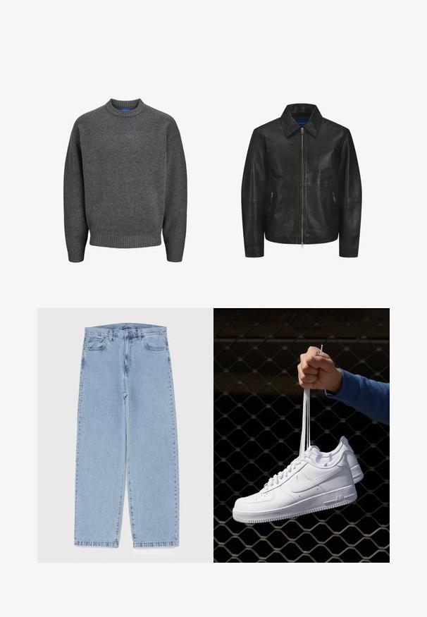 Črna usnjena jakna z gladko teksturo, s ovratnikom, sprednjim zadrgo in dvema stranskima žepoma z zadrgo. Enostaven, strukturen dizajn.; Jack & Jones JOROLLIE CREW NECK - Pulover - iron gate; Svijetloplave traperice s ravnim nogavicama, srednjeg struka, pet džepova te zatvaranjem na gumb i munju.; Bela usnjena športna obutev s perforacijami, okroglo konico, ravnim podplatom in debelimi vezalkami, z vidnim logotipom smoosh in napisom "AIR" na peti.