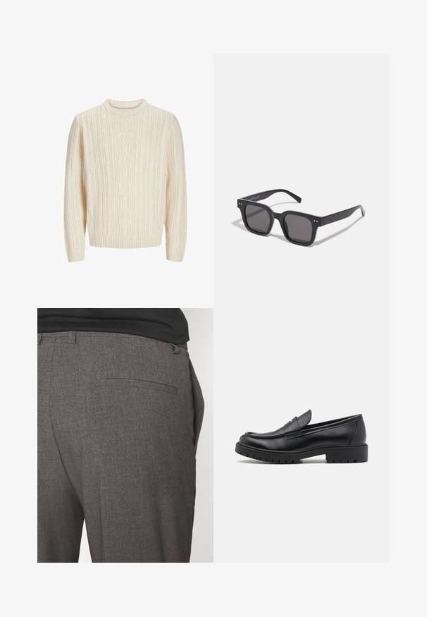 Zwarte leren jack met een gladde textuur, met kraag, een ritssluiting aan de voorkant en twee zijzakken met rits. Eenvoudig, gestructureerd ontwerp.; Crème-kleurige gebreide trui met een gestructureerd ribpatroon, ronde halslijn en ribgebreide manchetten en zoom. Zacht, dik materiaal.; Zwart-witte crewneck t-shirts, korte mouwen, gemaakt van katoen, met een gladde textuur, en met branding op de halslijn.; Grijze op maat gemaakte broeken met een gladde textuur, voorzien van een enkele achterzak en een slim fit ontwerp. De stof heeft een subtiel patroon.; Zwarte leren instappers met een ronde neus, slip-on ontwerp en dikke rubberen zool met een gestructureerde grip. Verhoogde hak en subtiele stikdetails.; Zwarte rechthoekige zonnebril met donkere lenzen, voorzien van een dik montuur, subtiele accenten aan de zijkanten en zonder zichtbare logo's behalve de merknaam.; Canvas draagtas in lichtbeige met twee stevige handvatten, contrasterende witte afwerking en het logo "THE NORTH FACE" in het zwart aan de voorkant.