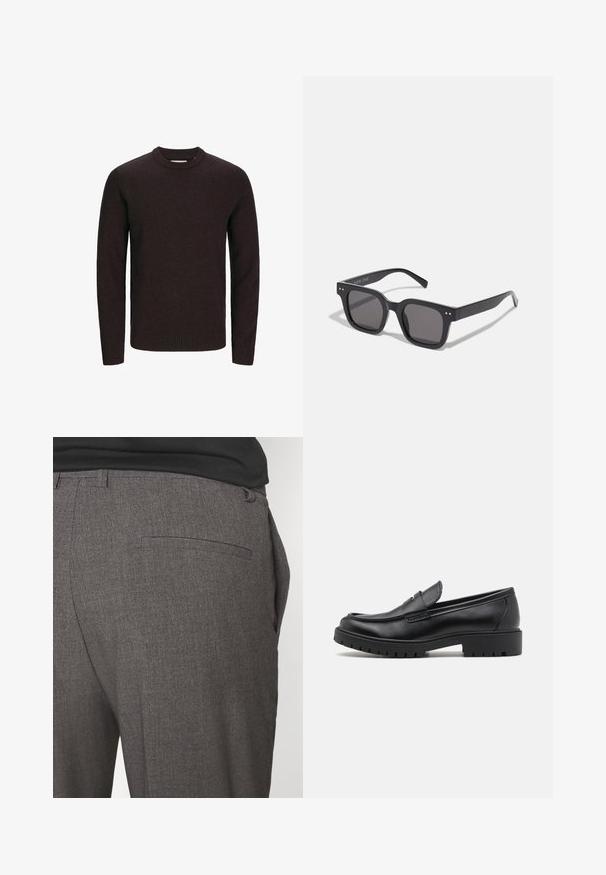 Schwarze Lederjacke mit glatter Textur, Kragen, Front-Reißverschluss und zwei seitlichen Reißverschlusstaschen. Einfaches, strukturiertes Design.; Brauner Rundhalsausschnitt-Pullover aus weichem Strickstoff. Mit langen Ärmeln und einem gerippten Saum und Bündchen für eine enge Passform. Einfaches, einfarbiges Design.; Graue maßgeschneiderte Hose mit glatter Textur, ausgestattet mit einer einzigen hinteren Tasche und einem schlanken Schnitt. Der Stoff hat ein dezentes Muster.; Schwarze Lederloafers mit runder Zehenform, eleganter Schlupfdesign und dicker Gummisohle mit strukturiertem Griff. Erhöhter Absatz und dezente Nähdetails.; Schwarze rechteckige Sonnenbrillen mit dunklen Gläsern, die einen dicken Rahmen, subtile Akzente an den Seiten und keine sichtbaren Logos außer dem Markennamen aufweisen.; Leichte beiger Canvas-Umhängetasche mit zwei robusten Griffen, kontrastierendem weißen Besatz und dem Logo "THE NORTH FACE" in Schwarz an der Vorderseite.