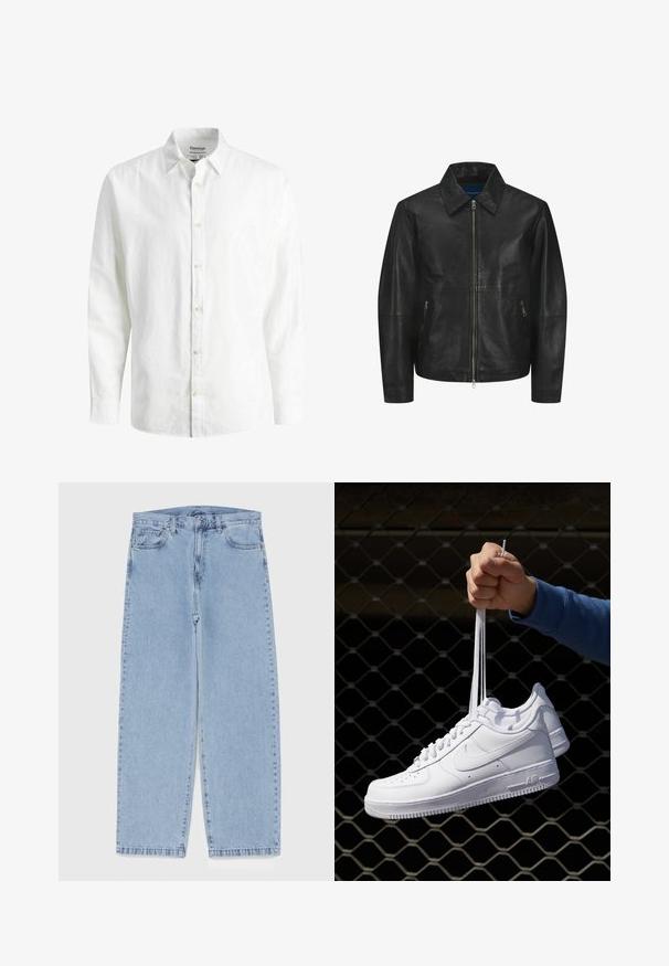Giacca in pelle nera con texture liscia, colletto, zip frontale e due tasche laterali con zip. Design semplice e strutturato.; Camicia bianca a maniche lunghe in lino, con colletto button-down, bottoni frontali e vestibilità rilassata. È visibile una trama del tessuto.; Jeans in denim azzurro chiaro con design a gamba dritta, caratterizzati da una vita media, cinque tasche e chiusura con bottone e zip.; Sneakers in pelle bianca con perforazioni, punta rotonda, suola piatta e lacci spessi, con logo swoosh visibile e "AIR" sul tallone.