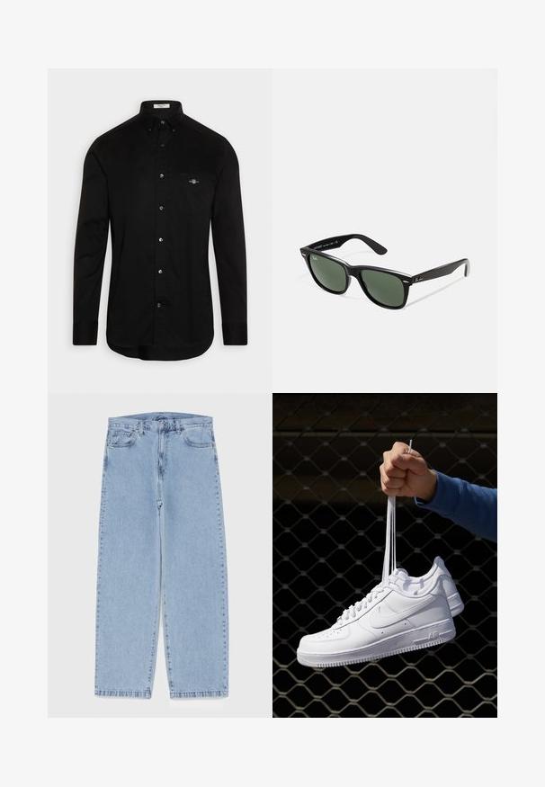 Fekete bőrdzseki sima felülettel, galléros nyakkal, elülső cipzárral és két oldalsó cipzáras zsebbel. Egyszerű, letisztult dizájn.; Fekete gombos ing, pamutból készült, hegyes gallérral, hosszú ujjú, mellzsebében egy kis színes logóval.; Világoskék farmernadrág egyenes szárú kivitelben, közepes derékkal, öt zsebbel, gombos és cipzáros záródással.; Fehér bőr sportcipők perforációval, kerek orral, lapos talppal és vastag fűzőkkel, látható swoosh logóval és "AIR" felirattal a sarokrészen.; Fekete műanyag napszemüveg zöld lencsékkel, négyzet alakú kerettel, ezüst díszítéssel a keret felső részén, valamint texturált szárakkal. A márka neve a belső száron található.