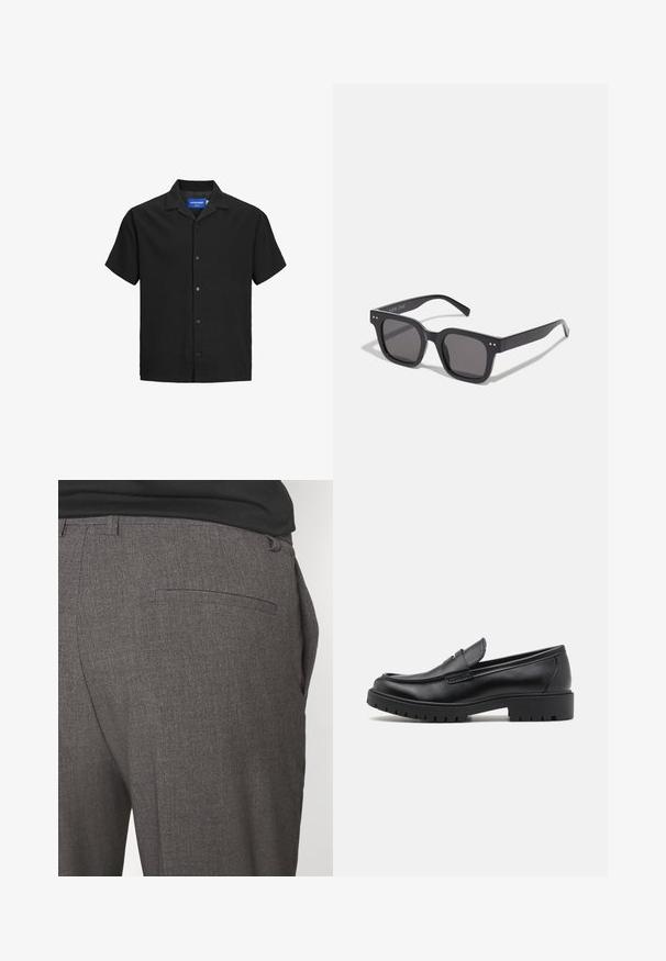 Giacca in pelle nera con texture liscia, colletto, zip frontale e due tasche laterali con zip. Design semplice e strutturato.; Maglietta nera a maniche corte con colletto, realizzata in tessuto testurizzato, con chiusura a bottoni davanti e orlo dritto. Etichetta con logo all'interno del collo.; T-shirt in bianco e nero con colletto a giro, maniche corte, realizzato in tessuto di cotone, dalla texture liscia, con branding sul colletto.; Pantaloni grigi su misura con una texture liscia, dotati di una sola tasca posteriore e un design slim fit. Il tessuto presenta un motivo sottile.; Mocassini in pelle nera con punta arrotondata, design senza lacci e suola in gomma spessa con battistrada testurizzato. Tacco elevato e dettagli di cucitura discreti.; Occhiali da sole neri rettangolari con lenti scure, dotati di una montatura spessa, accenti sottili sui lati e senza loghi visibili oltre al nome del marchio.; Borsa in tela color beige chiaro con due manici resistenti, rifiniture bianche a contrasto e logo "THE NORTH FACE" in nero sul davanti.