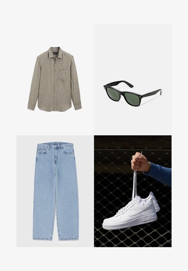 Schwarze Lederjacke mit glatter Textur, Kragen, Front-Reißverschluss und zwei seitlichen Reißverschlusstaschen. Einfaches, strukturiertes Design.; Langärmliges, kariertes Hemd in Braun und Beige mit dezenten blauen Akzenten. Verfügt über eine Knopfleiste und eine Brusttasche.; Weißes Baumwoll-Trägershirt mit Rundhalsausschnitt, breiten Trägern und geradem Saum, das eine glatte Textur aufweist und keine sichtbaren Muster hat.; Hellblaue Jeans aus Denim mit geradem Bein, ausgestattet mit einer mittelhohen Taille, fünf Taschen sowie einem Knopf- und Reißverschluss.; Weiße Leder-Sneaker mit Perforationen, runder Zehenpartie, flacher Sohle und dicken Schnürsenkeln, mit sichtbar eingesticktem Swoosh-Logo und "AIR" an der Ferse.; Schwarze Plastiksonnenbrille mit grünen Gläsern, quadratischen Rahmen, silbernem Akzent auf der Augenbraue und strukturierten Bügeln. Angegebene Marke auf dem inneren Bügel.