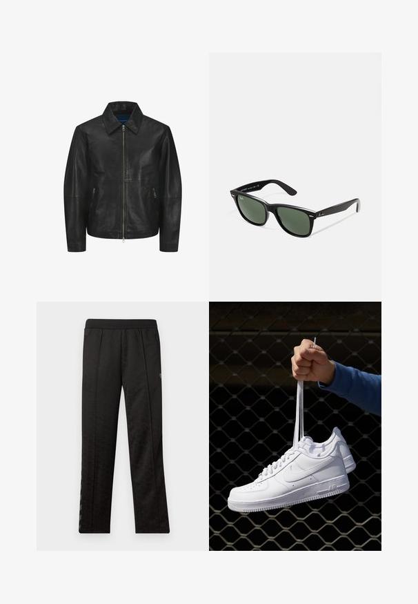 Crna kožna jakna s glatkom teksturom, ovratnikom, prednjim patentnim zatvaračem i dva bočna džepa s patentnim zatvaračem. Jednostavan, strukturiran dizajn.; Bijeli pamučni majica bez rukava s okruglim izrezom, širokim naramenicama i ravnim rubom, s glatkom teksturom i bez vidljivih uzoraka.; Crne atletske hlače s teksturiranim uzorkom, elastičnim pojasom, dva bočna džepa s patentnim zatvaračem i vertikalnim prugama sa strane.; Bijele kožne tenisice s perforacijama, okruglim vrhom, ravnim potplatom i debelim vezicama, s vidljivim swoosh logom i natpisom "AIR" na peti.; Crne plastične sunčane naočale s zelenim staklima, kvadratni okviri, srebrni naglasak na obrvi i teksturirane ručke. Naziv brenda naveden na unutrašnjoj strani ručke.