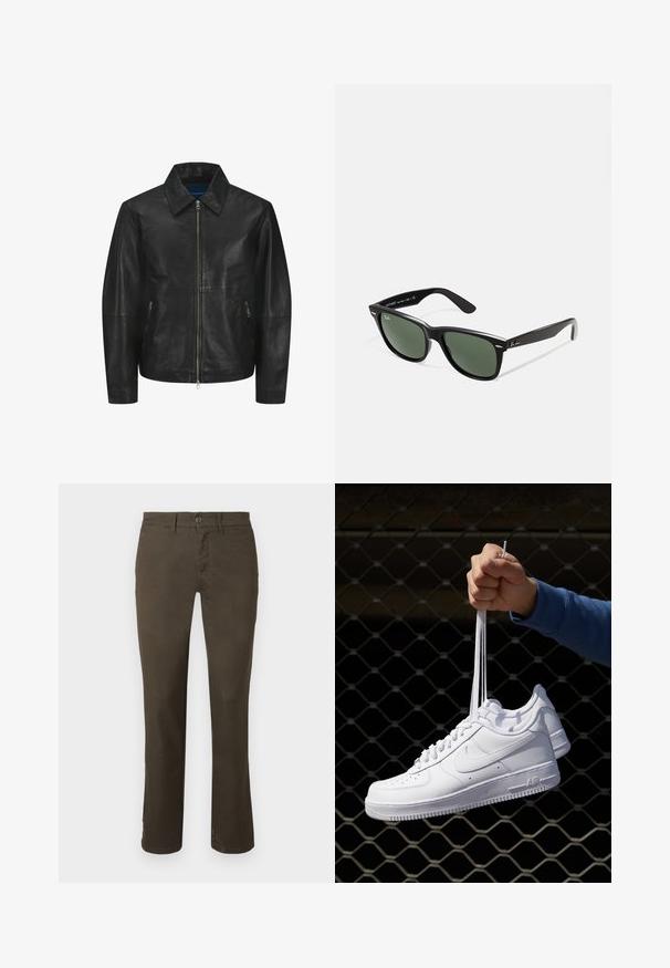 Zwarte leren jack met een gladde textuur, met kraag, een ritssluiting aan de voorkant en twee zijzakken met rits. Eenvoudig, gestructureerd ontwerp.; Witte katoenen tanktop met een ronde halslijn, brede schouderbanden en een rechte zoom, met een gladde textuur en zonder zichtbare patronen.; Donkerbruine broek van een katoenmix. Heeft een knoopsluiting, rechte pijpen en een subtiele textuur zonder zichtbare patronen of versieringen.; Witte leren sneakers met perforaties, ronde neus, vlakke zool en dikke veters, met een zichtbare swoosh-logo en "AIR" op de hiel.; Zwarte plastic zonnebril met groene lenzen, vierkante montuur, zilveren accent op de wenkbrauw en een gestructureerde tempel. Merken vermeld op de binnenkant van de arm.