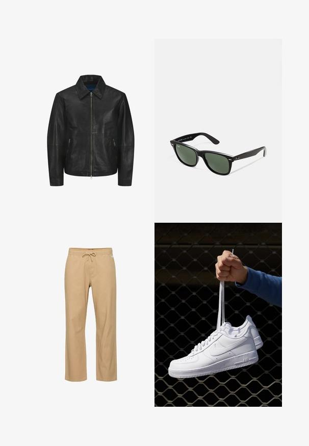 Črna usnjena jakna z gladko teksturo, s ovratnikom, sprednjim zadrgo in dvema stranskima žepoma z zadrgo. Enostaven, strukturen dizajn.; Bela bombažna majica brez rokavov z okroglo izrezom, širokimi naramnicami in ravnim robom, ki se ponaša z gladko teksturo in brez vidnih vzorcev.; Peščene, ravne bombažne hlače s prožno elastiko in vrvico za prilagajanje. Imajo stranske žepe in gladko teksturo.; Bela usnjena športna obutev s perforacijami, okroglo konico, ravnim podplatom in debelimi vezalkami, z vidnim logotipom smoosh in napisom "AIR" na peti.; Črne plastične sončna očala z zelenimi lečami, kvadratni okvirji, srebrni detajl na obrvi in teksturirani ročaji. Blagovna znamka navedena na notranji strani ročaja.