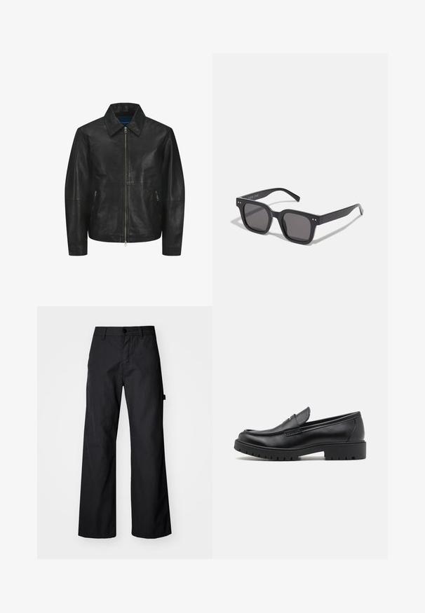 Musta nahkatakki, jossa on sileä pinta, kauluksellinen kaula-aukko, etujakaja ja kaksi sivussa olevaa vetoketjullista taskua. Yksinkertainen, rakenteellinen muotoilu.; Mustat ja valkoiset crew-neck t-paidat, lyhyet hihat, valmistettu puuvillakankaasta, sileä pinta, jossa brändäys kaula-aukossa.; Mustat, leveälahkeiset housut kestävästä kankaasta. Varustettu nappisulkeumalla ja sivutaskuilla. Sujuva pinta ja siisti muotoilu.; Mustat nahkakengät, joissa on pyöreä varvas, kenkien helposti liukuvat mallit ja paksu kumipohja, jossa on teksturoitu pito. Korotettu kanta ja hillityt ompeluyksityiskohdat.; Mustat suorakulmaiset aurinkolasit tummilla linsseillä, joissa on paksu kehys, hienovaraiset yksityiskohdat sivuilla, eikä näkyviä logoja brändin nimen lisäksi.; Kankaan kantokassi vaaleassa beigevärissä, jossa on kaksi tukevata kahvaa, kontrastivalkoinen reunus ja logo "THE NORTH FACE" mustalla etupuolella.